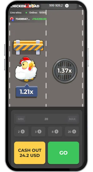 Tour actif de Chicken Road avec le bouton de retrait visible et le multiplicateur en progression