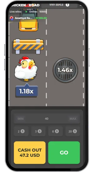 Gameplay en cours de tour de Chicken Road montrant le multiplicateur progressant à mesure que le poulet avance