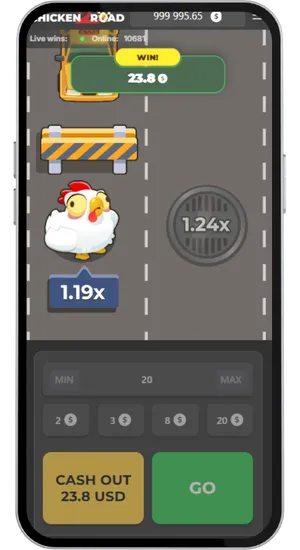 Chicken Road Gameplay in der Rundenmitte mit steigendem Multiplikator beim Vorankommen des Huhns