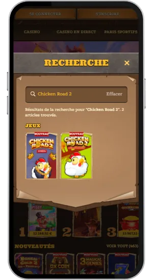 Recherche de Chicken Road dans la bibliothèque du casino et sélection de l'option démo sans connexion